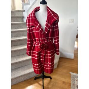 Talbots Red Plaid Wrap Style Knee Length Wool Blend Coat